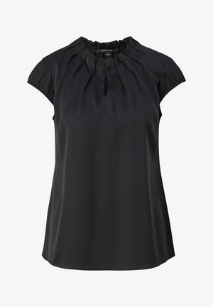 Schwarze Bluse mit kurzen Ärmeln, gerafftem Ausschnitt, Falten vorne und einem Schlüsselloch-Öffnung. Hergestellt aus glattem, leichtem Stoff.
