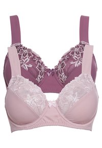 Due reggiseni in tonalità di viola e rosa chiaro. Il reggiseno superiore ha ricami floreali e un fiocco di raso, mentre quello inferiore presenta dettagli in pizzo.