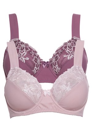 Due reggiseni in tonalità di viola e rosa chiaro. Il reggiseno superiore ha ricami floreali e un fiocco di raso, mentre quello inferiore presenta dettagli in pizzo.
