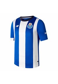 Maglia da calcio a righe blu e bianche con girocollo, caratterizzata da un logo del club sul lato sinistro del petto e un logo del marchio sulla manica destra.