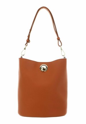 Brown leather bucket bag with a single adjustable shoulder strap and a round gold clasp on the front.