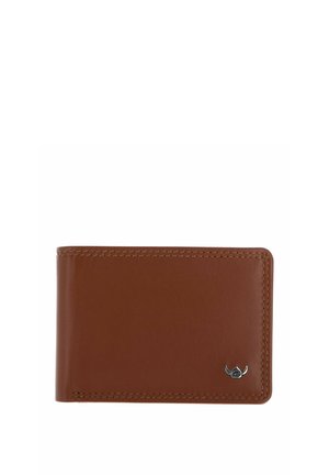 Portefeuille bifold en cuir marron avec petit logo argenté à cornes en bas à droite, couture visible autour des bords.