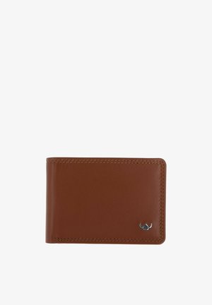 Portefeuille bifold en cuir marron avec petit logo argenté à cornes en bas à droite, couture visible autour des bords.