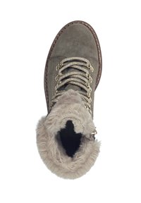 Grå skinnboot med faux pelsfôr, gullsnøring, avrundet tå og teksturert såle. Designet for komfort og varme.