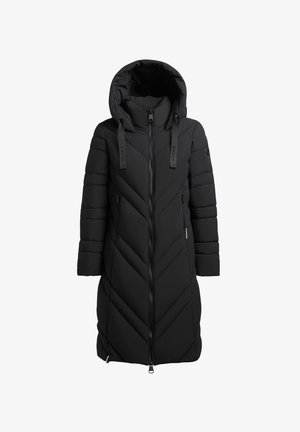 Giacca a vento nera con design a zig-zag, cappuccio, chiusura con zip, cinghie regolabili e due tasche laterali. Tessuto liscio con motivo trapuntato.