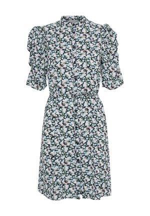 Vestido floral con mangas cortas abullonadas, fondo negro, flores multicolores, cierre de botones, cintura ajustable con lazo, tela ligera.