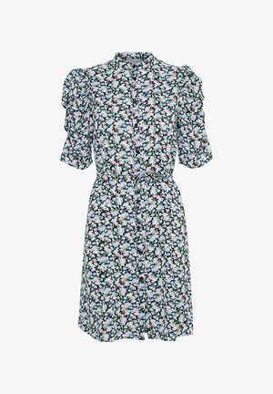 Abito floreale con maniche a sbuffo corte, sfondo nero, fiori multicolori, chiusura con bottoni, vita regolabile con cinturino, tessuto leggero.