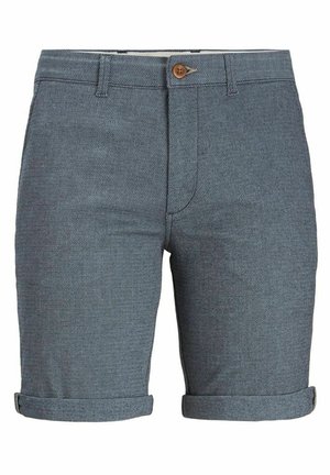 Γκρίζες υφασμάτινες σορτς με κλείσιμο με κουμπί, δομημένο σχέδιο, τυλιγμένα μανίκια και απλό υφαντό μοτίβο.