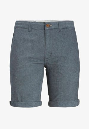 Γκρίζες υφασμάτινες σορτς με κλείσιμο με κουμπί, δομημένο σχέδιο, τυλιγμένα μανίκια και απλό υφαντό μοτίβο.