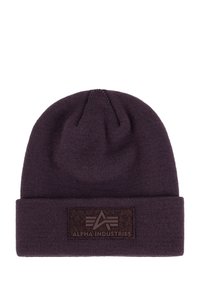 Knit purple beanie with a folded cuff, featuring a textured patch with the "Alpha Industries" logo and emblem in dark brown.