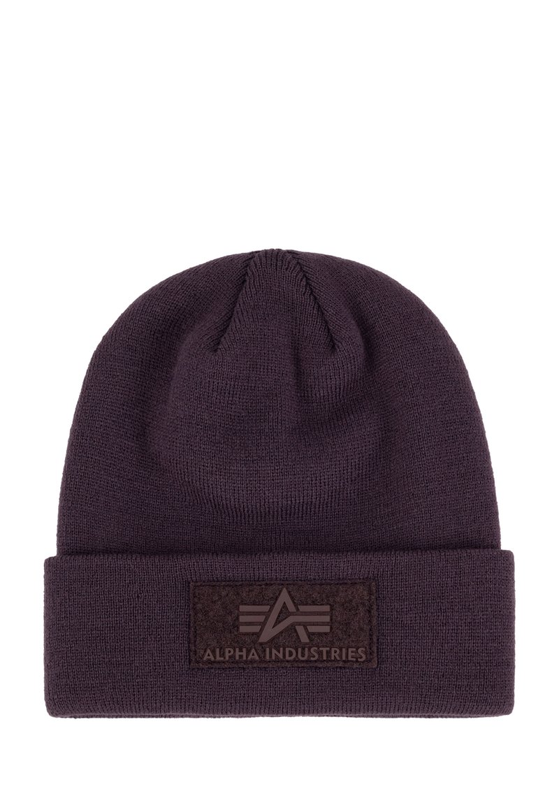 Knit purple beanie with a folded cuff, featuring a textured patch with the "Alpha Industries" logo and emblem in dark brown.