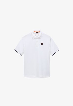 Bílá polokošile s krátkým rukávem, třemi knoflíky, černým lemem na rukávech a malým kulatým logem na levé straně hrudi.