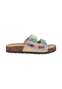 Sandalo scivolato con perline, dotato di suola in sughero, decorazioni multicolori, accenti turchesi e un design superiore a due fasce.