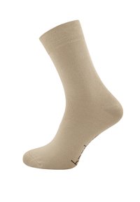 Calzino di cotone beige con un bordo a coste texturizzato, superficie liscia, punta tonda e dettagli minimi sulla suola.
