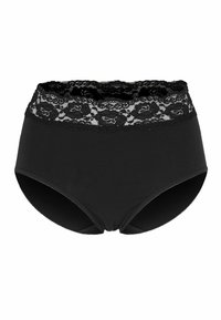 Czarne damskie majtki z wysokim stanem, szerokim pasem z kwiatowej koronki i gładkimi bokami z tkaniny.