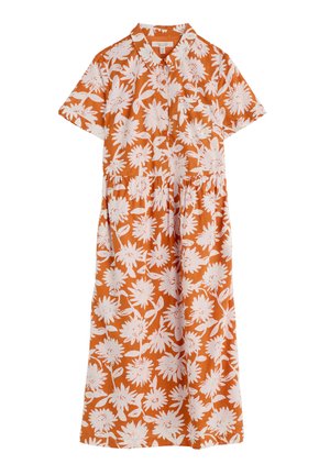 Sukienka z krótkim rękawem w pomarańczowym kolorze z białym wzorem kwiatowym, zapinana na guziki z przodu, z elastyczną talią dla dopasowanego wyglądu.