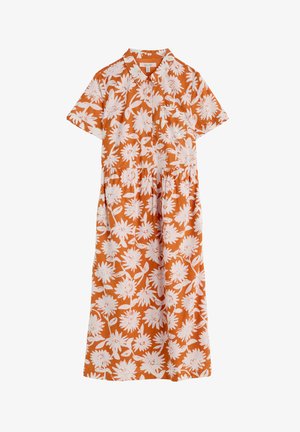 Sukienka z krótkim rękawem w pomarańczowym kolorze z białym wzorem kwiatowym, zapinana na guziki z przodu, z elastyczną talią dla dopasowanego wyglądu.