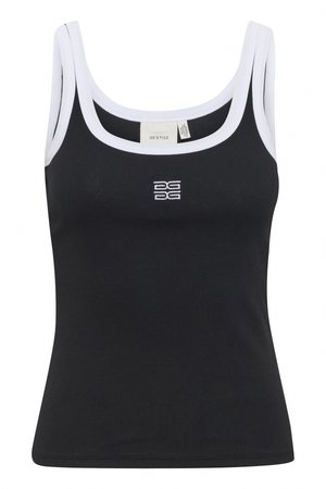 Svart ribba tank topp med hvit kontrastkant og et sentralt logo. Har en tettsittende design og rund hals, egnet for lag-på-lag styling.