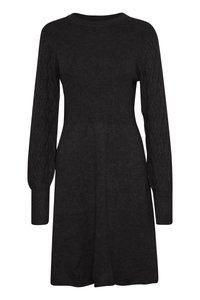 Vestito nero con corpetto a costine e maniche lunghe con motivo a treccia. Linea a trapezio e scollo rotondo. Tessuto morbido senza motivi visibili.