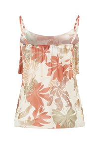 Blouse sans manches couleur crème avec fines bretelles et motif de feuilles tropicales roses et beiges.