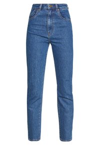 Modré džíny s vysokým pasem a rovnými nohavicemi, s knoflíkovým zapínáním, pěti kapsami a mírně vybledlým vzhledem.