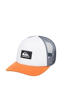 Lastbilchaufførhat med hvid front, orange skygge, grå netbagside og sort patch-logo på fronten. Justerbar snapback-lukning.