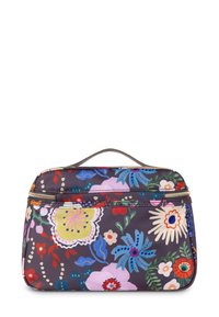 Bloemen make-up tas in donker paars met een ritssluiting. Voorzien van kleurrijke bloemen en bladeren in verschillende tinten. Handgreep aan de bovenkant voor gemakkelijk dragen.