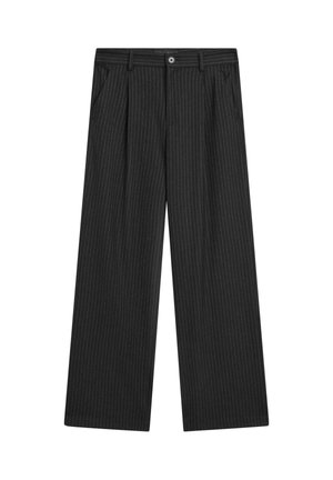 Black pinstripe trousers with a wide-leg design, pleated front, and a button closure. Features side pockets and a smooth fabric texture.