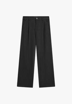 Black pinstripe trousers with a wide-leg design, pleated front, and a button closure. Features side pockets and a smooth fabric texture.