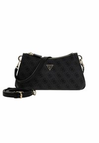 Borsa a tracolla nera dalla forma rettangolare elegante, realizzata in tessuto strutturato con un delicato motivo logo, valorizzata da dettagli in metallo color oro.