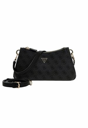 Sac bandoulière noir de forme rectangulaire élégante, fabriqué en tissu texturé avec un motif de logo subtil, rehaussé d'accessoires dorés.