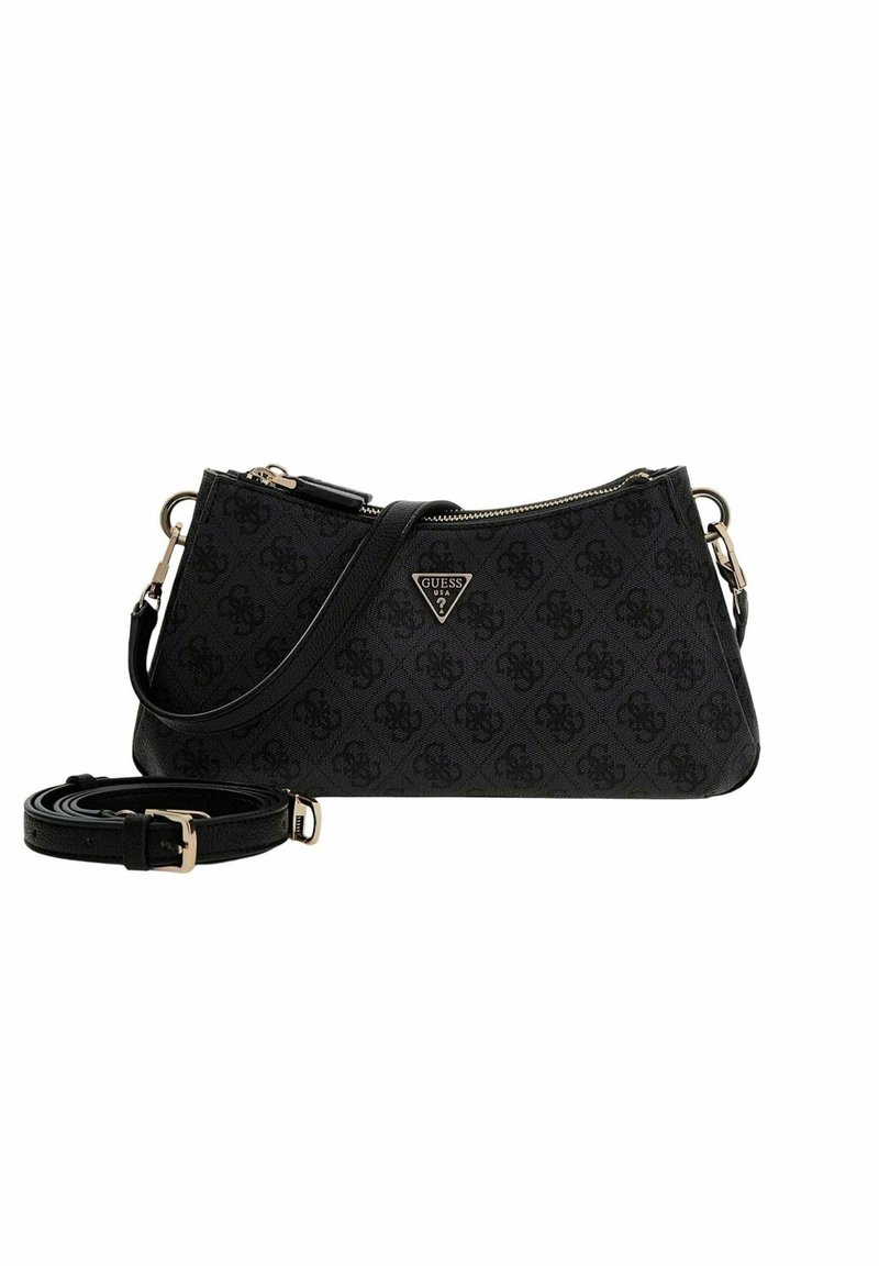 Borsa a tracolla nera dalla forma rettangolare elegante, realizzata in tessuto strutturato con un delicato motivo logo, valorizzata da dettagli in metallo color oro.