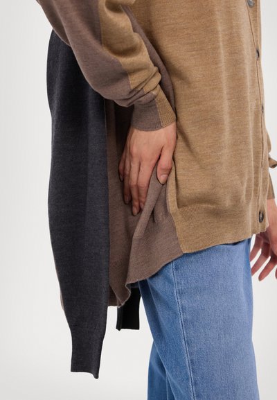 Cardigan lavorato a maglia in marrone, beige e grigio scuro; presenta bottoni, tasche laterali e un orlo posteriore lungo. Tessuto morbido e con pattern.