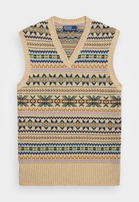 Beige stickad väst med färgglada geometriska och blommönster. Har en V-ringning och ribbad nederkant, tillverkad av mjukt tyg.