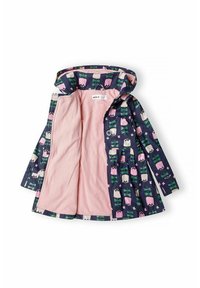 Mörkblå barnregnjacka med rosa och vita tulpanmönster, rosa mjuk fleecefoder och fast huva.