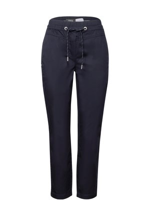 Granatowe, lekkie spodnie z elastycznym pasem, sznurkiem do regulacji i bocznymi kieszeniami. Gładki materiał o luźnym kroju.