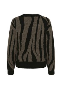 Barna és fekete, hosszú ujjú pulóver absztrakt zebra-szerű csíkokkal, bordázott ujjak és alj. Háttal látható.