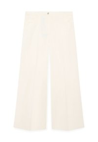 Pantaloni a gamba larga in morbido tessuto bianco, con tasche frontali, chiusura con bottone e un design pulito e minimalista con una texture sottile.