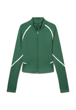 Giacca sportiva verde con design aderente, zip frontale, collo alto e dettagli bianchi ai lati. Realizzata in materiale elasticizzato, maniche lunghe.