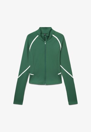 Giacca sportiva verde con design aderente, zip frontale, collo alto e dettagli bianchi ai lati. Realizzata in materiale elasticizzato, maniche lunghe.