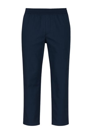Pantaloni blu navy, lunghezza ginocchio, realizzati in tessuto liscio con vita elastica e senza tasche. Design semplice, forma a gamba dritta.