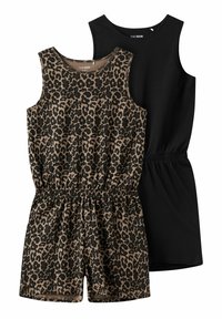 Deux combinaisons sans manches : l'une avec un imprimé léopard et une taille élastique, l'autre unie noire. Les deux sont fabriquées en tissu doux et respirant.