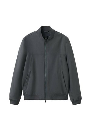 Donkergrijze bomberjack met rits aan de voorkant, geribde kraag, manchetten en zoom, en ritsen in de zijzakken.