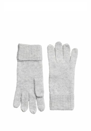 Light gray knitted winter gloves with ribbed cuffs, shown flat with one glove palm side up and the other palm side down.