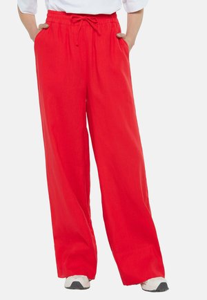 Red wide-leg pants made of a lightweight fabric, featuring an elastic waistband with a drawstring and side pockets.