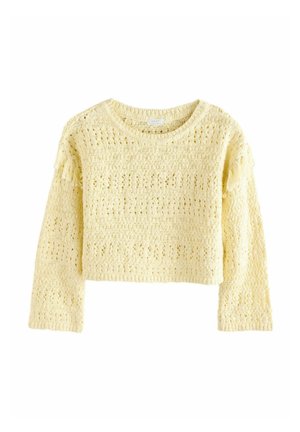 Pull court tricoté jaune à manches longues, présentant un tricot texturé à mailles ouvertes et un détail à franges sur la manche gauche.