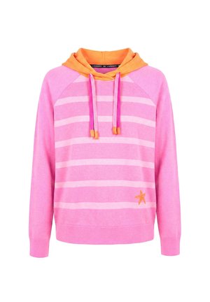 Felpa con cappuccio a righe rosa e rosa chiaro con cappuccio arancione, coulisse rosa con punte arancioni e piccolo dettaglio a stella arancione in basso a destra.