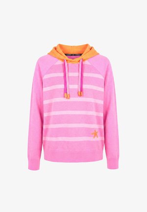 Pink og lyserød stribet hættetrøje med orange hætte, pink snore med orange ender og lille orange stjernedetalje nederst til højre.