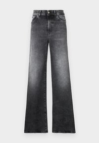 Jeans a gamba larga in denim nero sbiadito con design a cinque tasche, chiusura frontale a bottoni e sottili variazioni di texture.