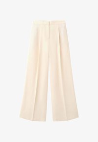 Pantalones crema de tiro alto y pierna ancha con pliegues frontales y cierre oculto de botón y cremallera.